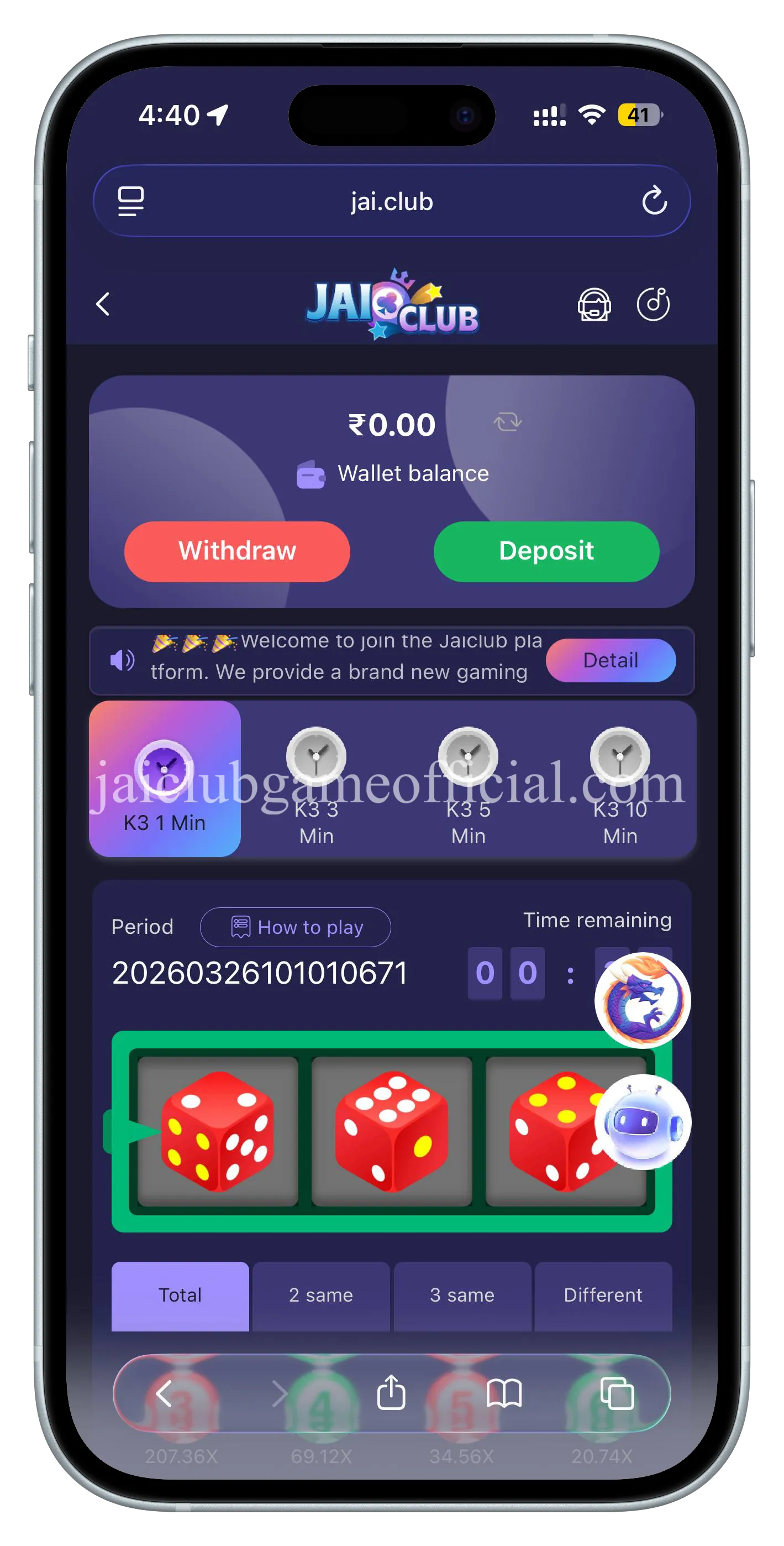 Jai Club K3 Lottery Game showing 3 dice prediction